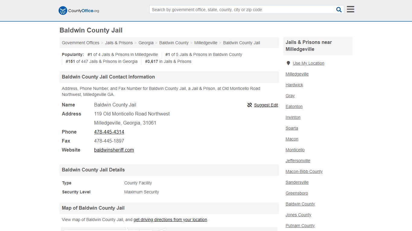 Baldwin County Jail - Milledgeville, GA (Address, Phone, and Fax)